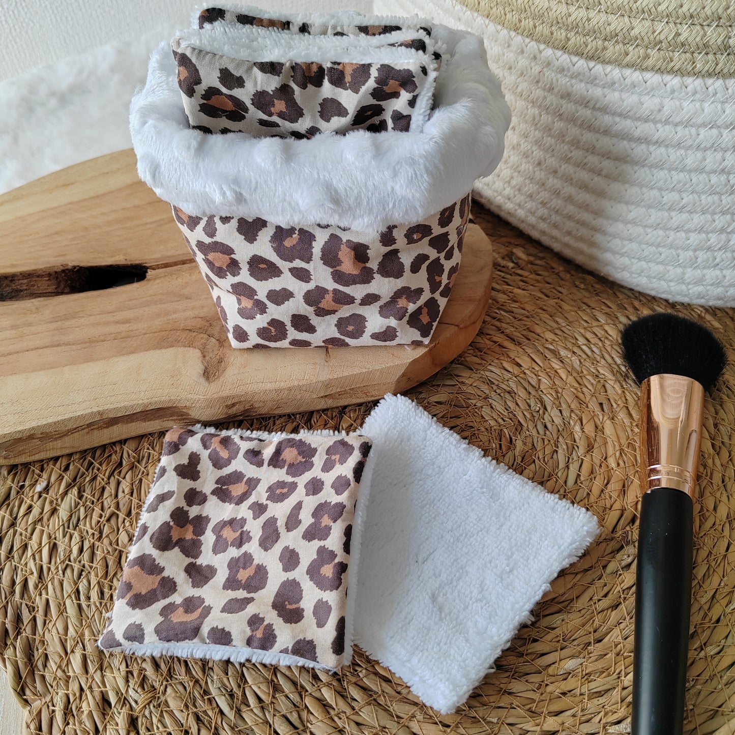 6 cotons lavables avec panier léopard