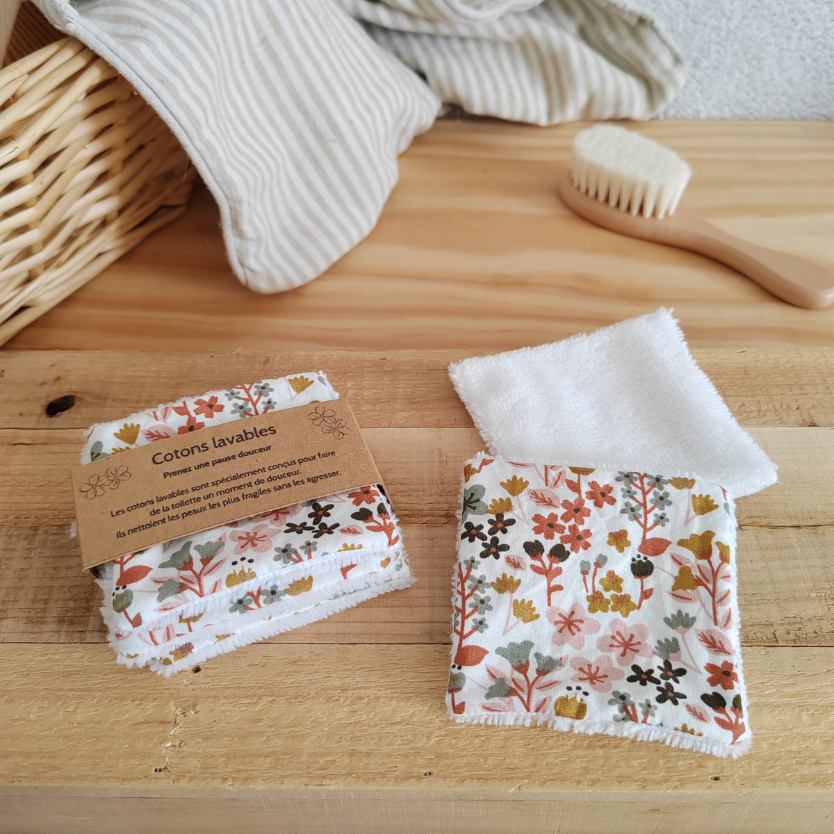 Lot de 4 Cotons lavables éponge bambou - fleuri rouge