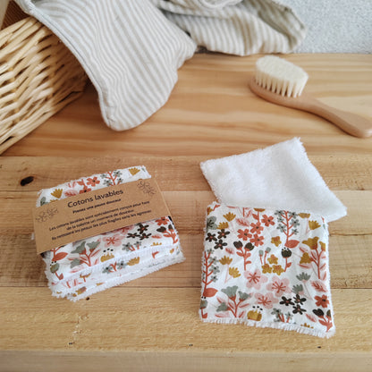 Lot de 4 Cotons lavables éponge bambou - fleuri rouge