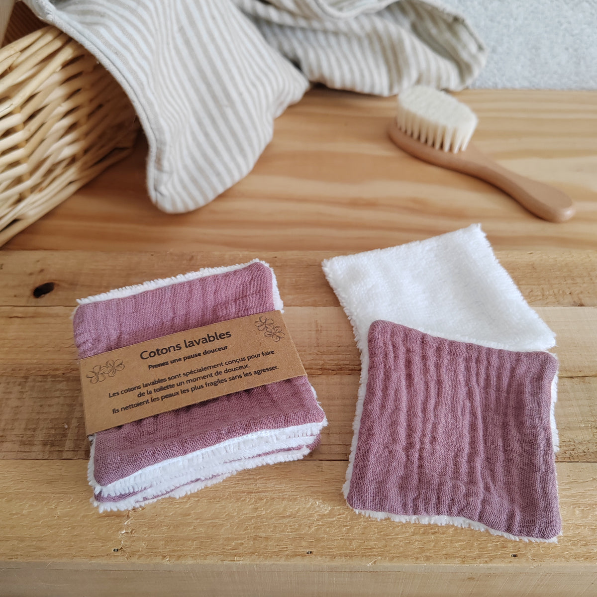 Lot de 4 Cotons lavables éponge bambou - double gaze vieux rose