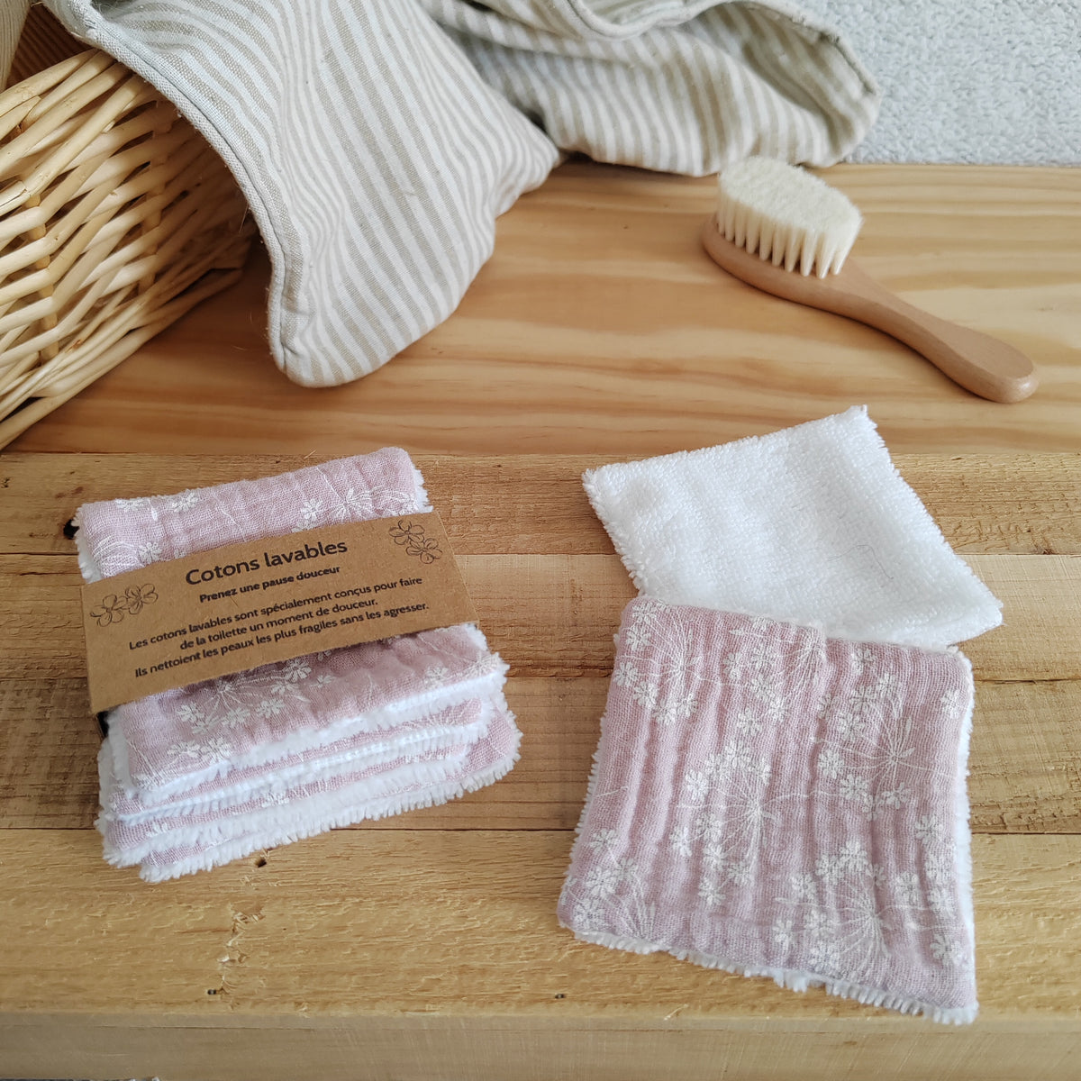 Lot de 4 Cotons lavables éponge bambou - double gaze rose pissenlit