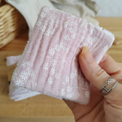 Lot de 4 Cotons lavables éponge bambou - double gaze rose pissenlit