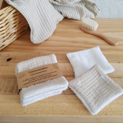 Lot de 4 Cotons lavables éponge bambou - double gaze beige petits cœurs
