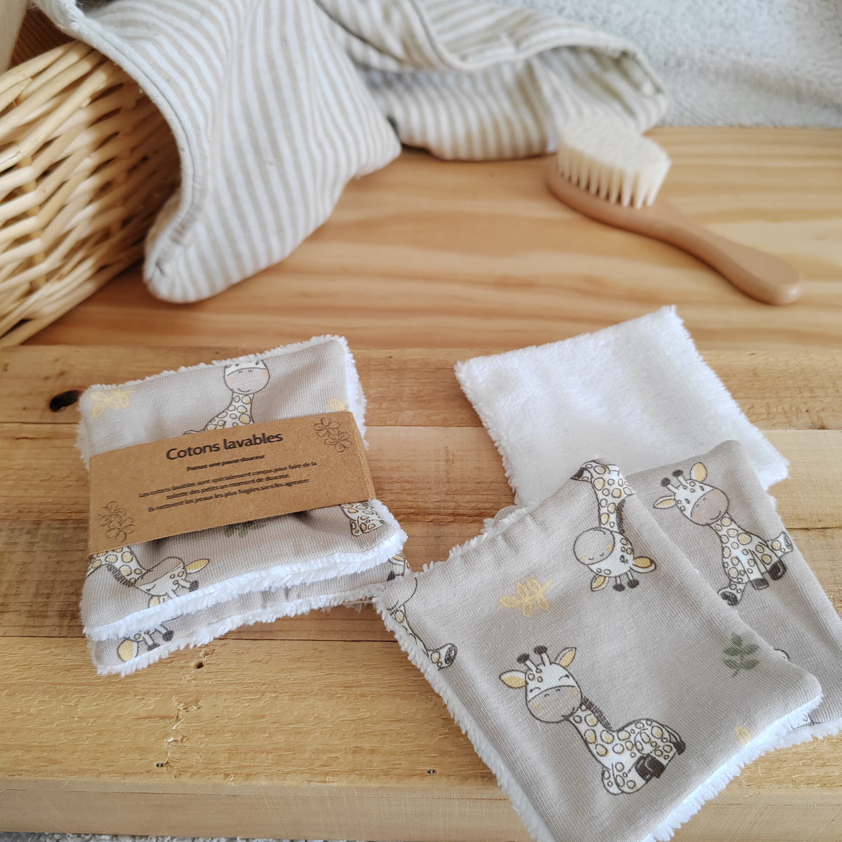 Lot de 4 Cotons lavables bébé éponge bambou - girafes beiges
