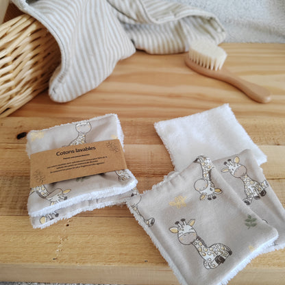 Lot de 4 Cotons lavables bébé éponge bambou - girafes beiges