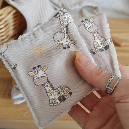Lot de 4 Cotons lavables bébé éponge bambou - girafes beiges
