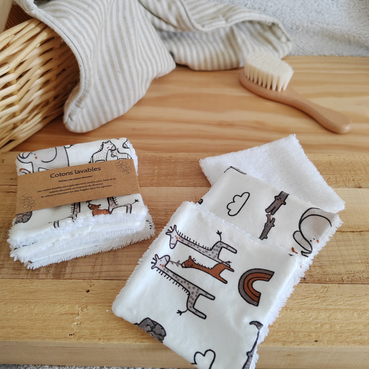 Lot de 4 Cotons lavables bébé éponge bambou - animaux
