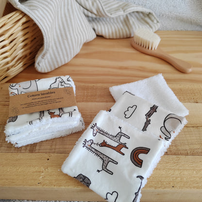 Lot de 4 Cotons lavables bébé éponge bambou - animaux