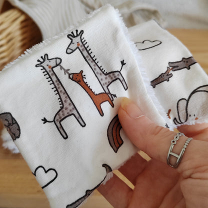 Lot de 4 Cotons lavables bébé éponge bambou - animaux