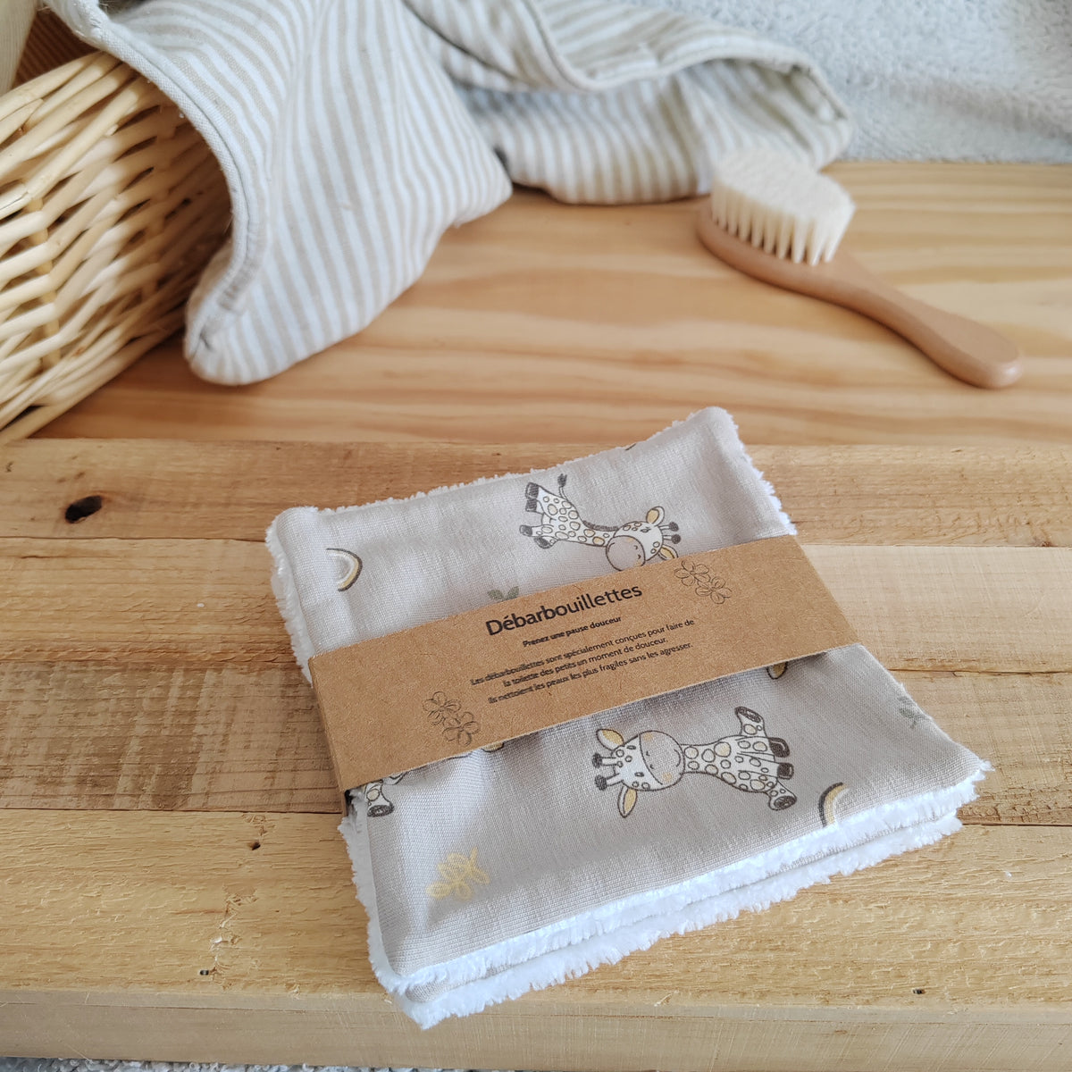 Lot de 2 Débarbouillettes bébé éponge bambou - girafes beiges