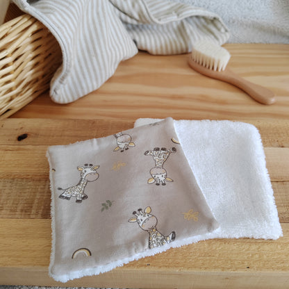 Lot de 2 Débarbouillettes bébé éponge bambou - girafes beiges
