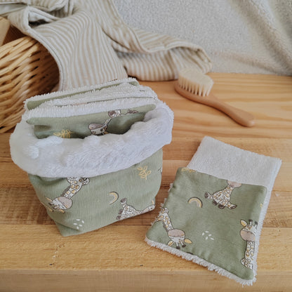 Lot de 6 cotons lavables éponge bambou avec panier - girafes vertes