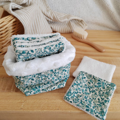 6 cotons lavables avec panier fleuri bleu