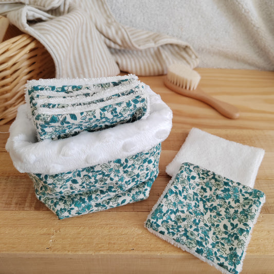 6 cotons lavables avec panier fleuri bleu