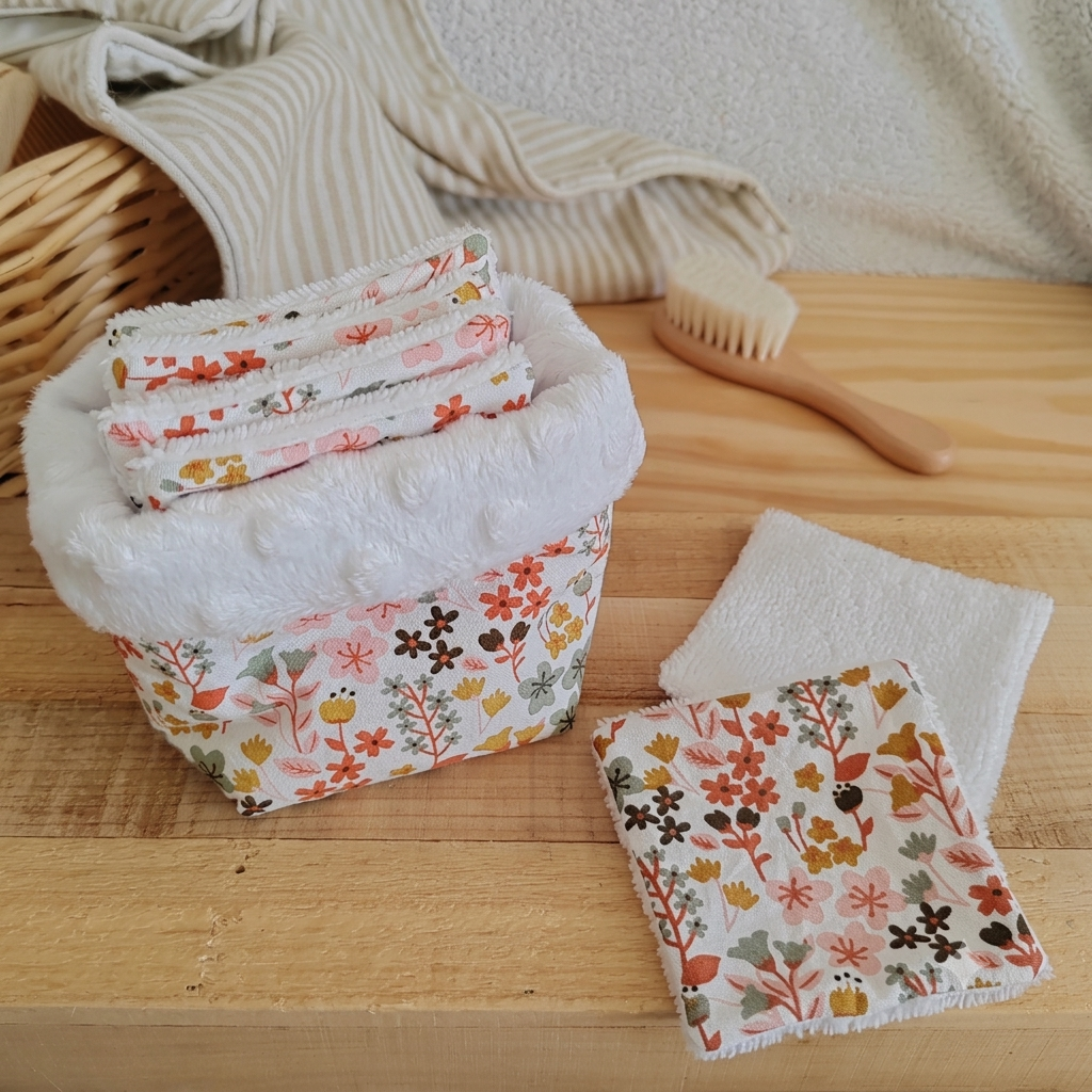 Lot de 6 cotons lavables éponge bambou avec panier - fleuri rouge