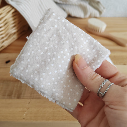 6 cotons lavables avec panier pois beige