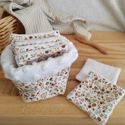 Lot de 6 cotons lavables éponge bambou avec panier - fleuri terra