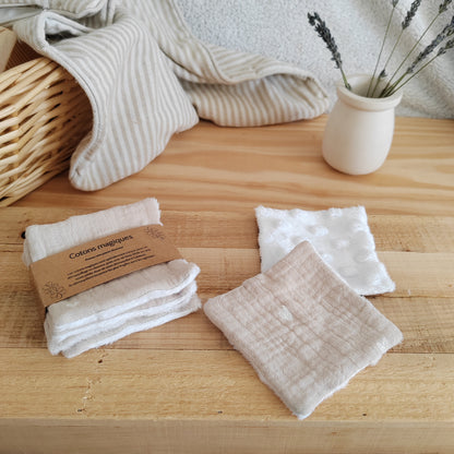 Lot de 4 Cotons magiques démaquillants - double gaze beige petits cœurs