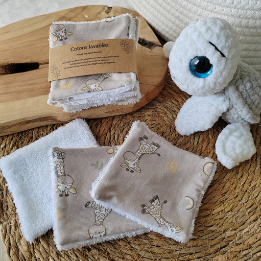 4 Cotons lavables bébé girafes beiges