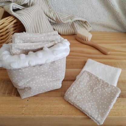 6 cotons lavables avec panier pois beige