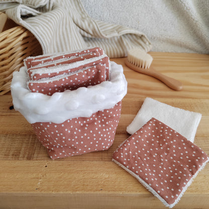 6 cotons lavables avec panier pois terracotta