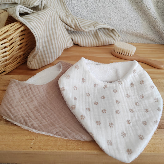 Lot de 2 bavoirs double gaze sable & pattounes beiges