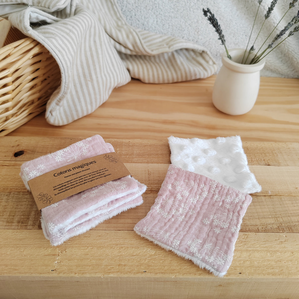 Lot de 4 Cotons magiques démaquillants - double gaze rose pissenlit