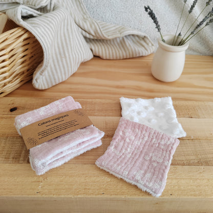 Lot de 4 Cotons magiques démaquillants - double gaze rose pissenlit