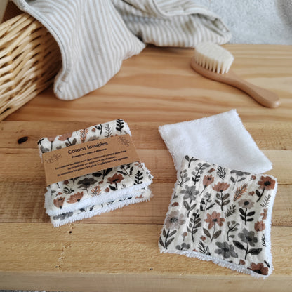 Lot de 4 Cotons lavables éponge bambou - double gaze fleuri cottage