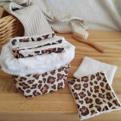 Lot de 6 cotons lavables éponge bambou avec panier - léopard
